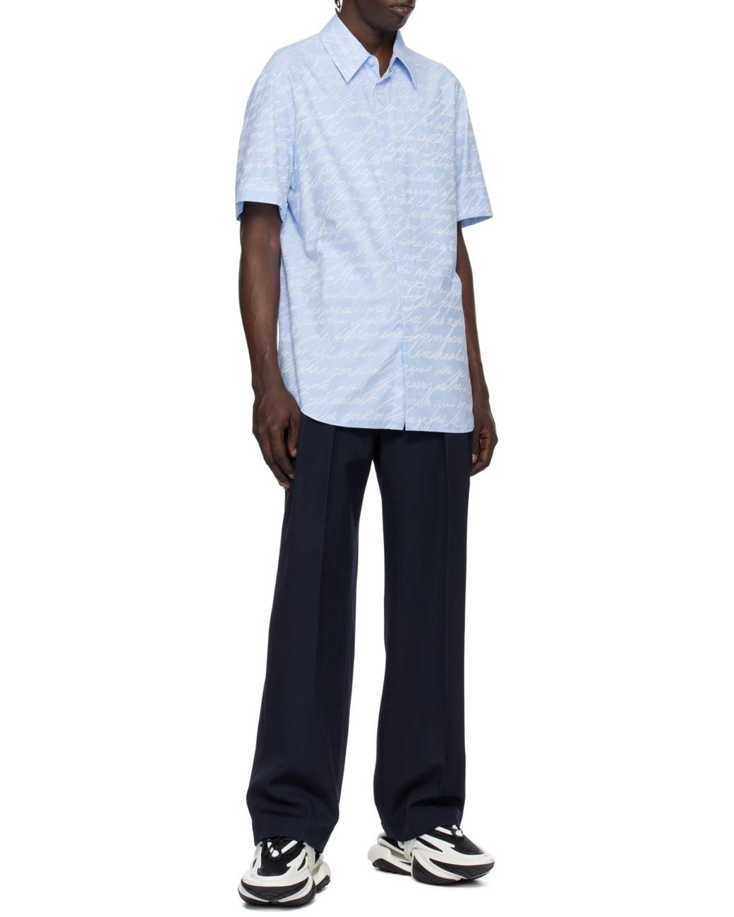 Balmain Blue Love Letter Printed Short-Sleeved Jacquard Shirt for men