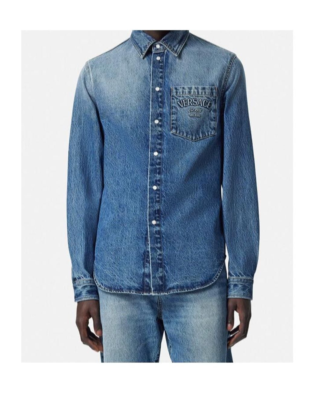 Versace Blue Logo-Embossed Button-Up Denim Shirt for men