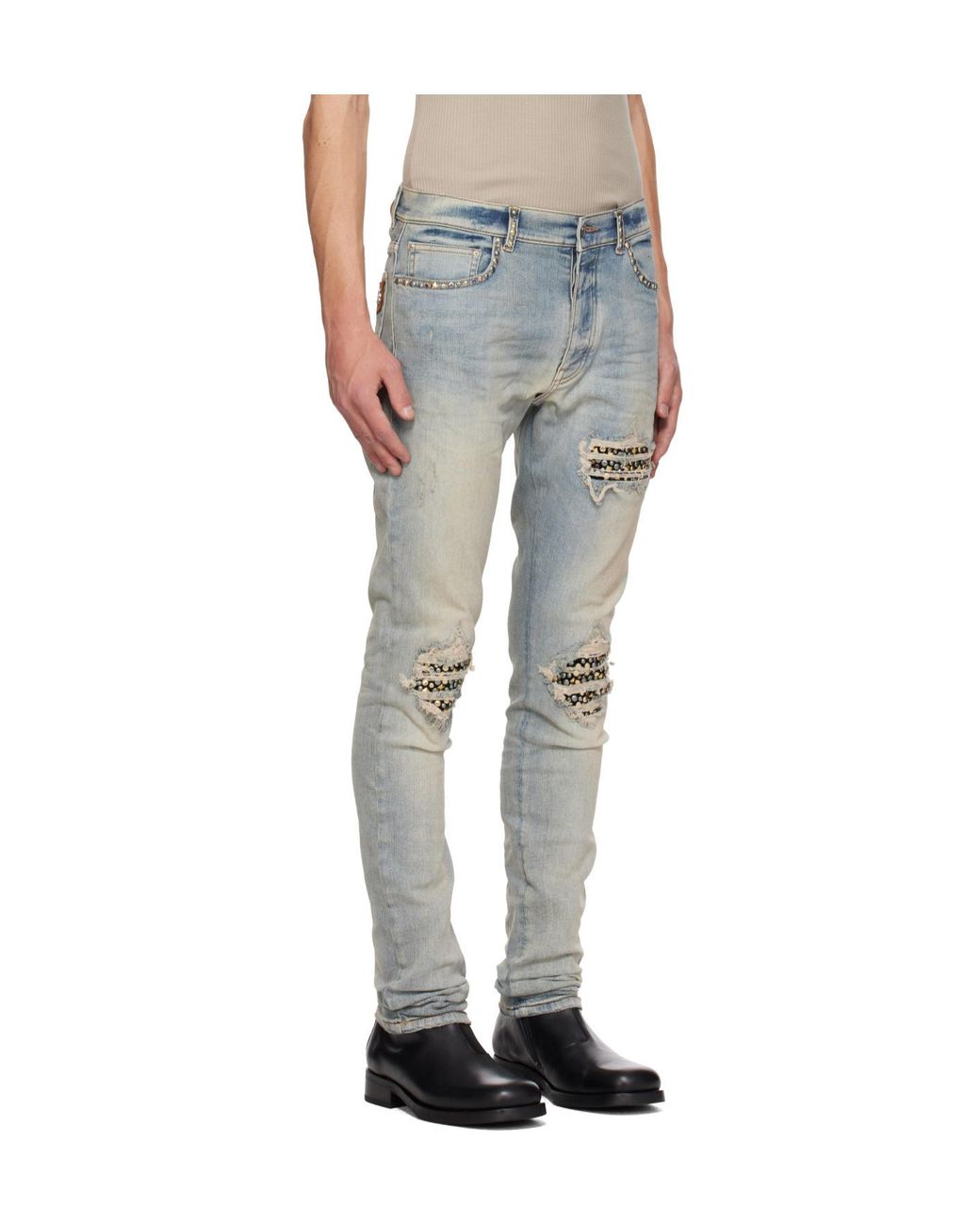 Amiri Blue Stud-Embellished Distressed Jeans for men