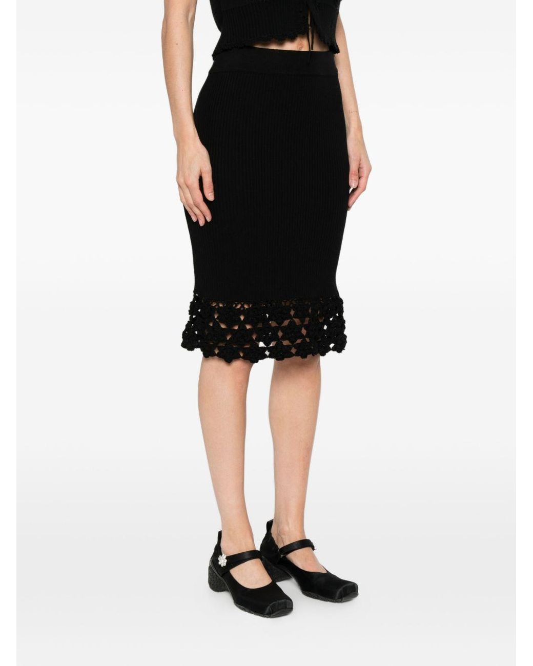 Ganni Black Crochet-Hem Knitted Midi Skirt