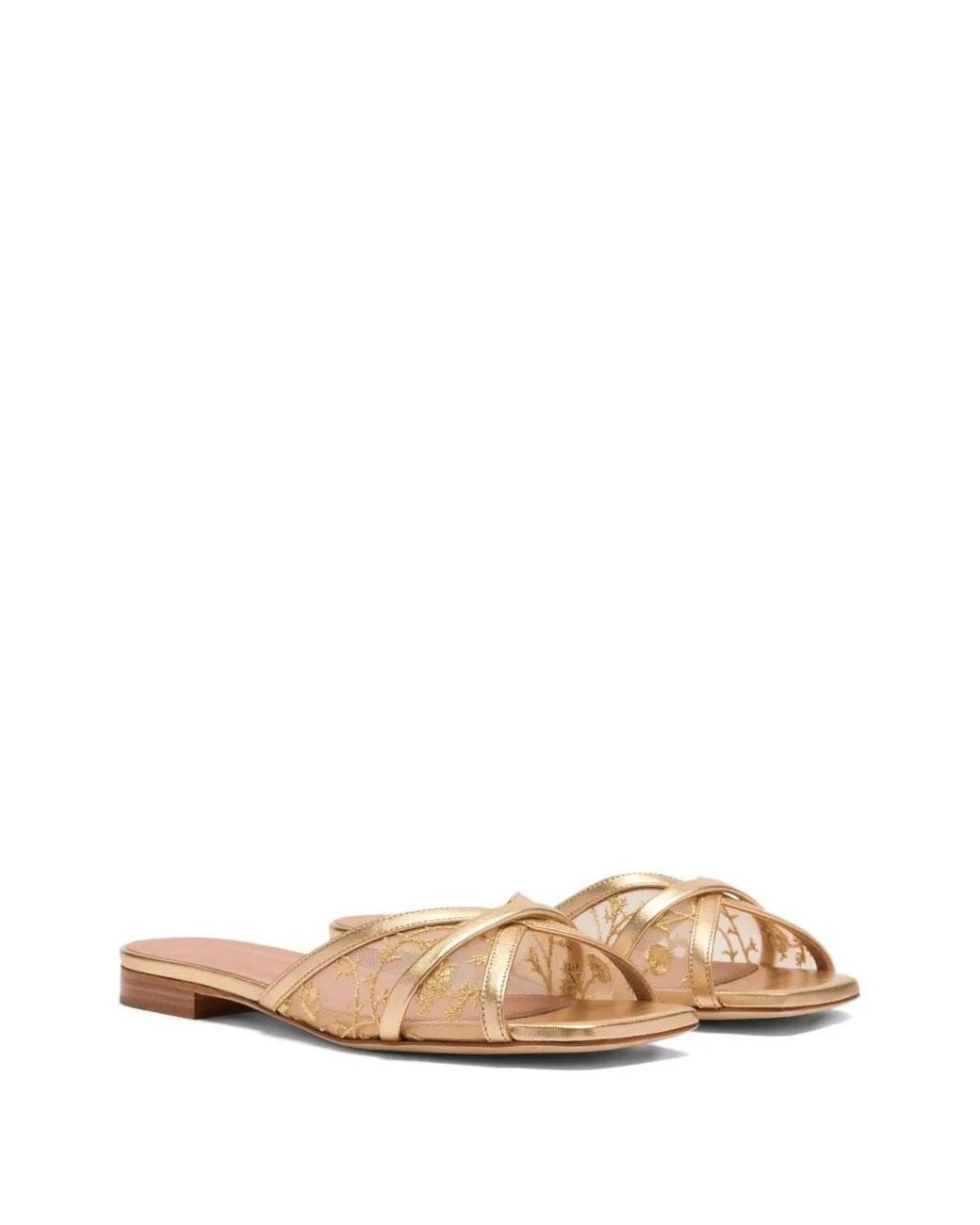 Malone Souliers Natural Perla Flower-Embroidered Flat Sandals