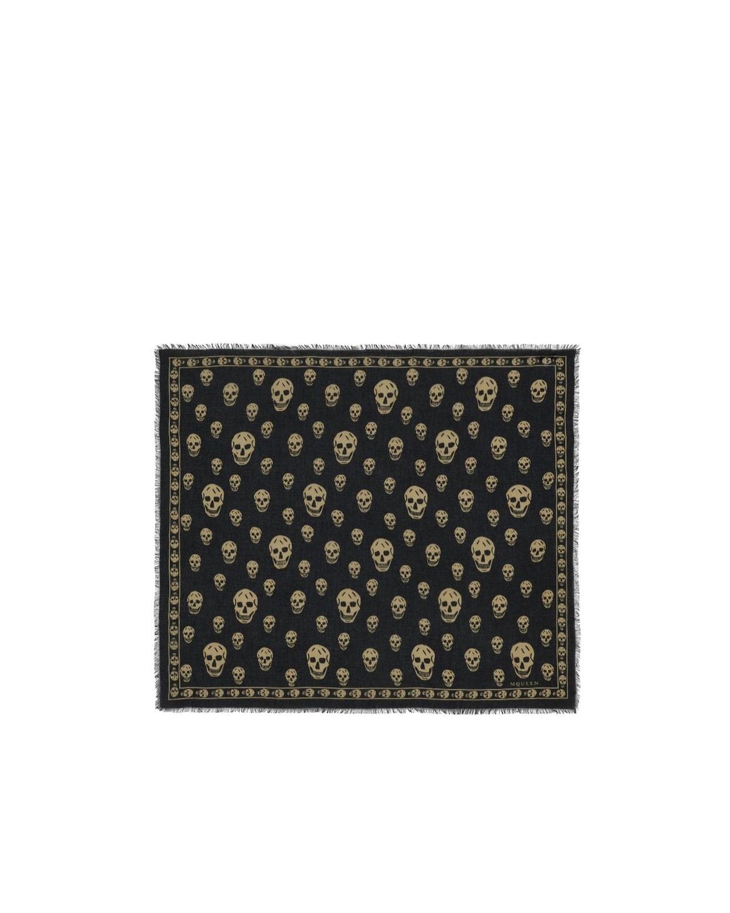 McQueen Black Skull-Print Fringed Scarf for men
