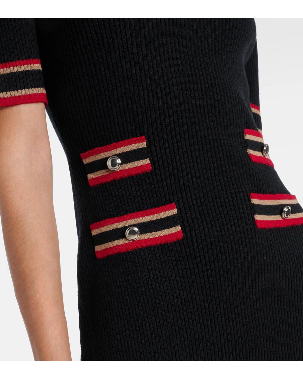 Alessandra Rich Black Ribbed-Knit Virgin Wool Polo Dress