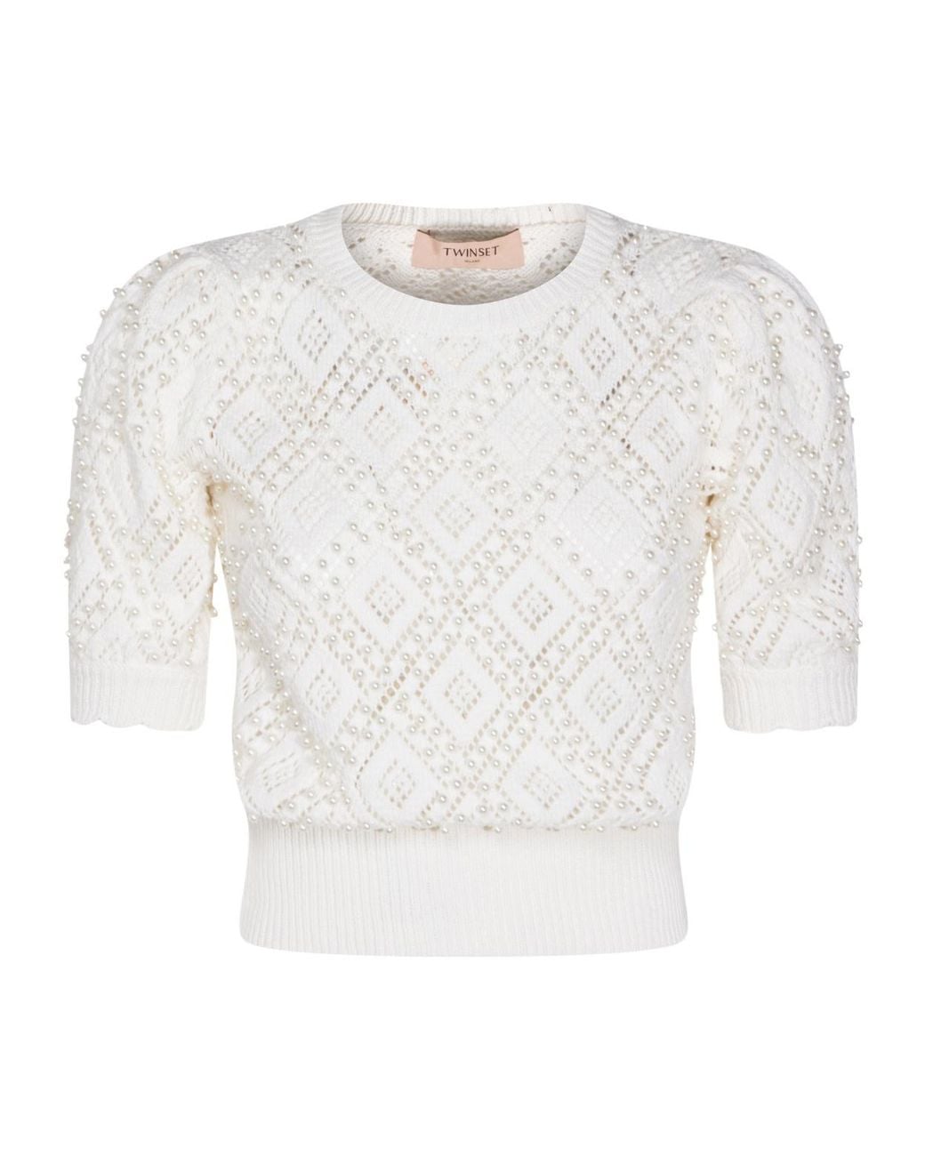Twinset White Embellished Short-Sleeved Knitted Sweater