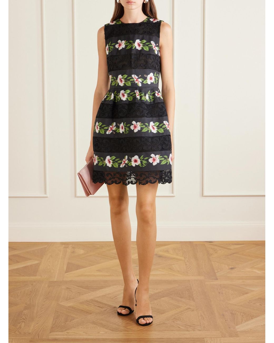 Oscar de la Renta Black Floral-Print Lace-Trimmed Crepe De Chine Mini Dress