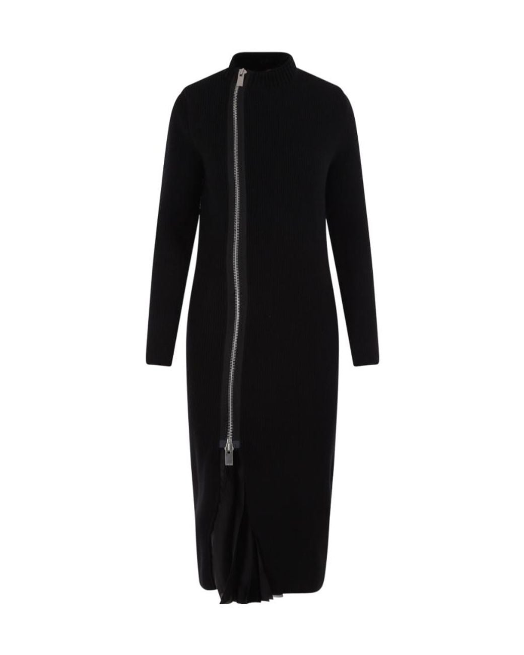 Sacai Black Layered Pleated Zip-Up Midi Dress