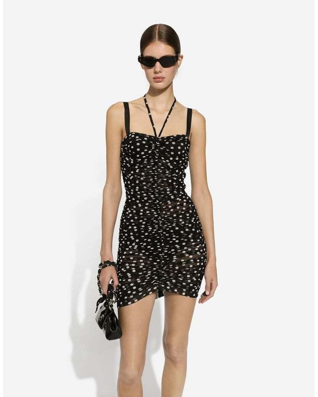 Dolce & Gabbana Black Polka-Dot Printed Draped Mini Tulle Dress