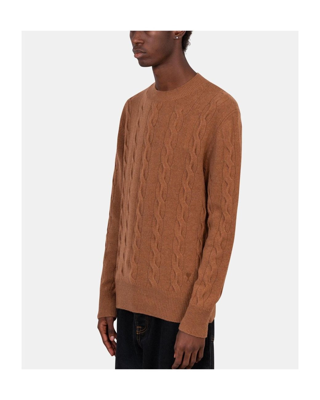 AMI Brown Ami Cable Knit Crew Neck Knitted Sweater for men