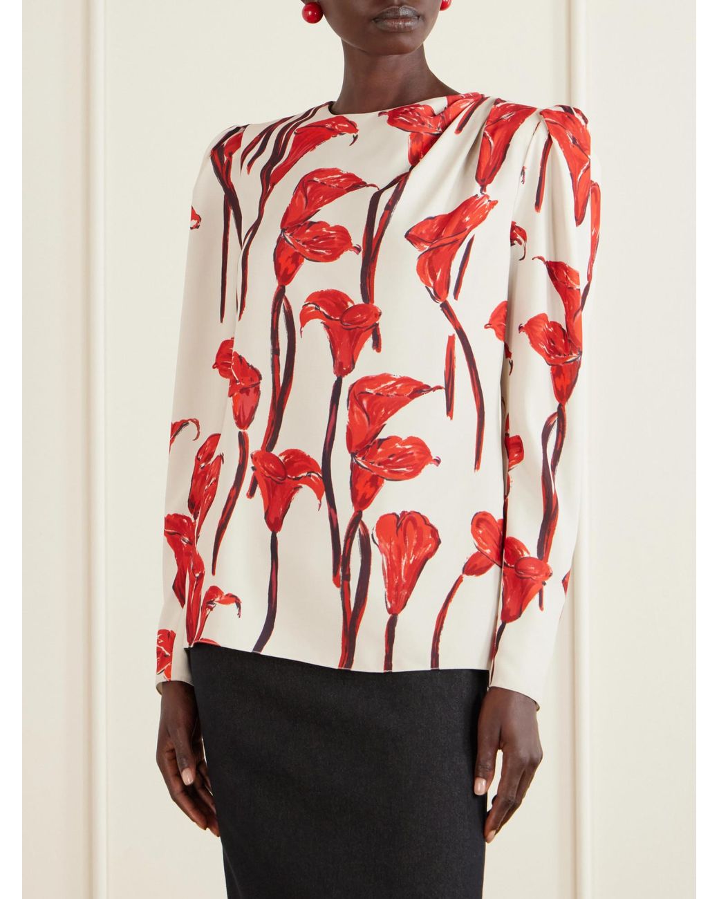 Carolina Herrera Red Floral-Print Cady Blouse