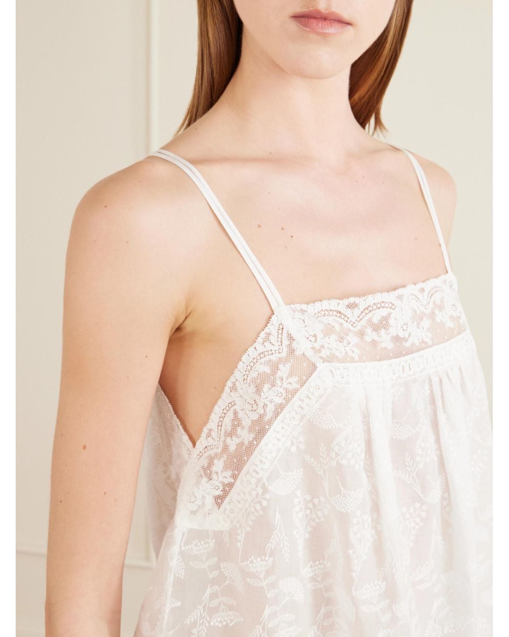 Eres White Embroidered Lace-Trimmed Cotton-Blend Voile Top