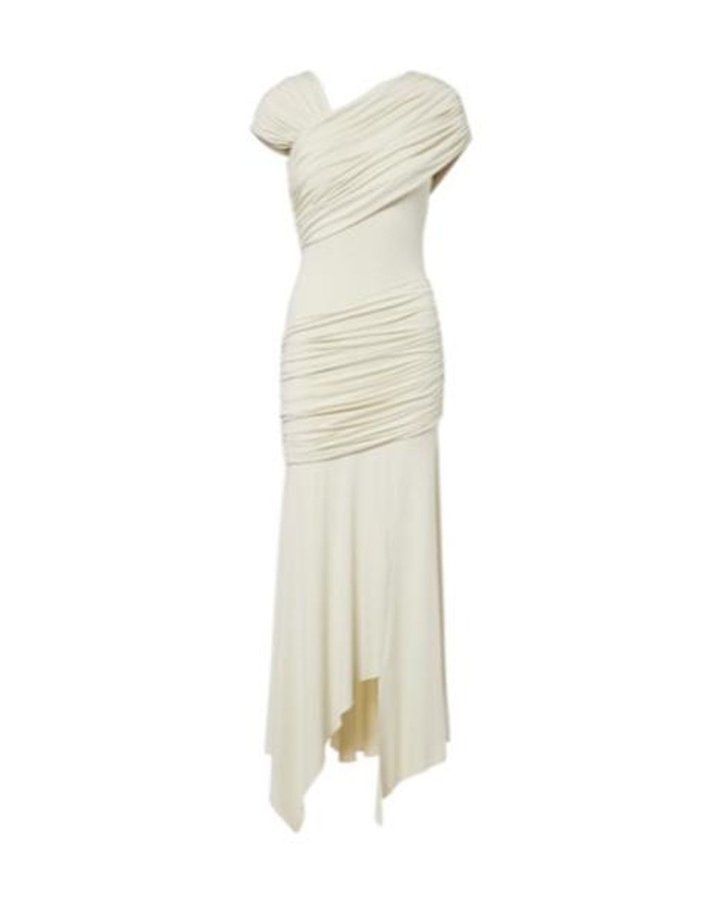 De La Vali White Hela Draped Asymmetric Jersey Midi Dress