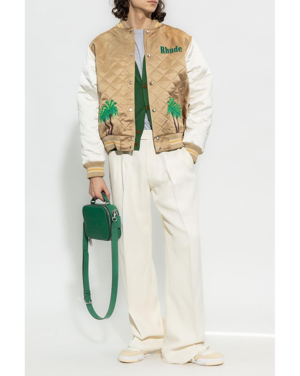 Rhude Green Diamond Quilted Satin Bomber Jacket for men