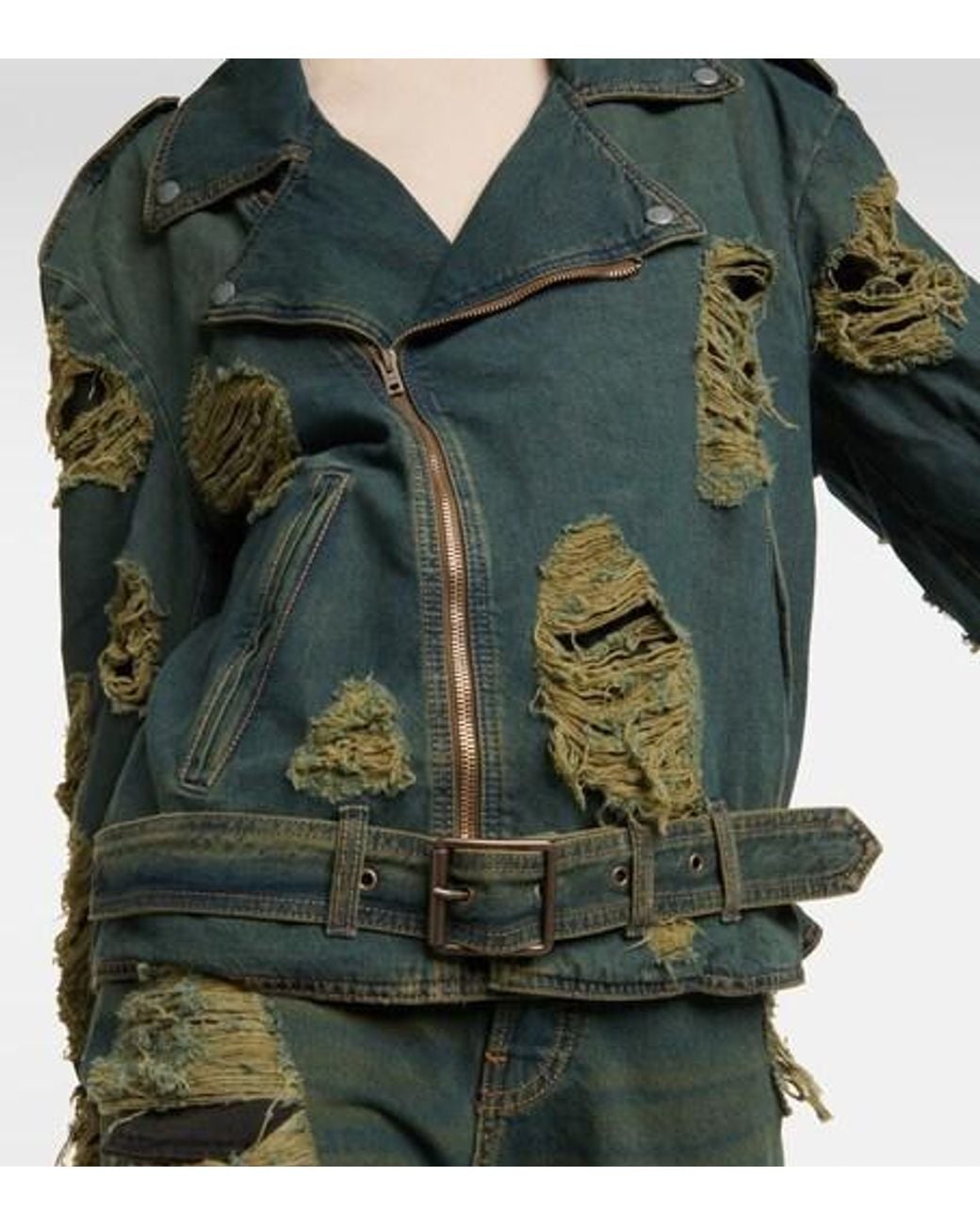 Acne Green Distressed Motorcycle Denim Jacket
