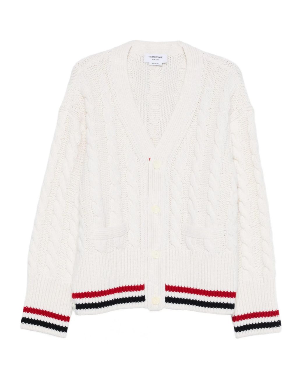 Thom Browne White V-Neck Long-Sleeved Knitted Sweater for men