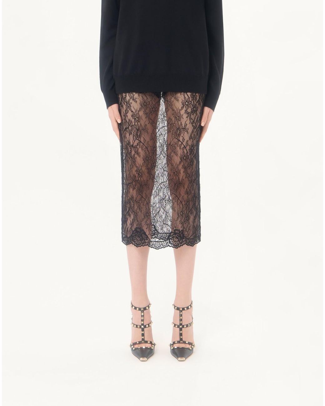 Valentino Gray Sheer Lace Midi Skirt