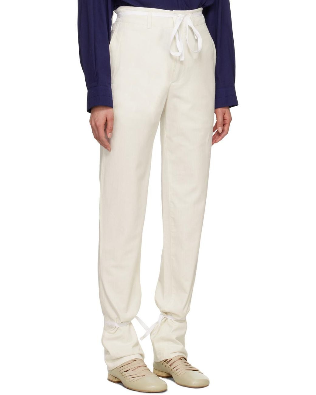Lemaire White Chambray Drawstring Tapered Trousers