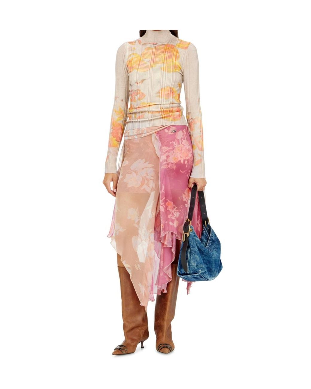 DIESEL Pink O Rizia Asymmetric Floral Skirt