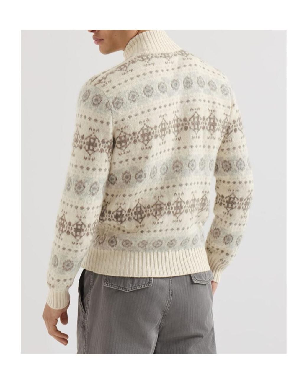 Brunello Cucinelli White Cashmere Jacquard High-Neck Cardigan With Zipper for men