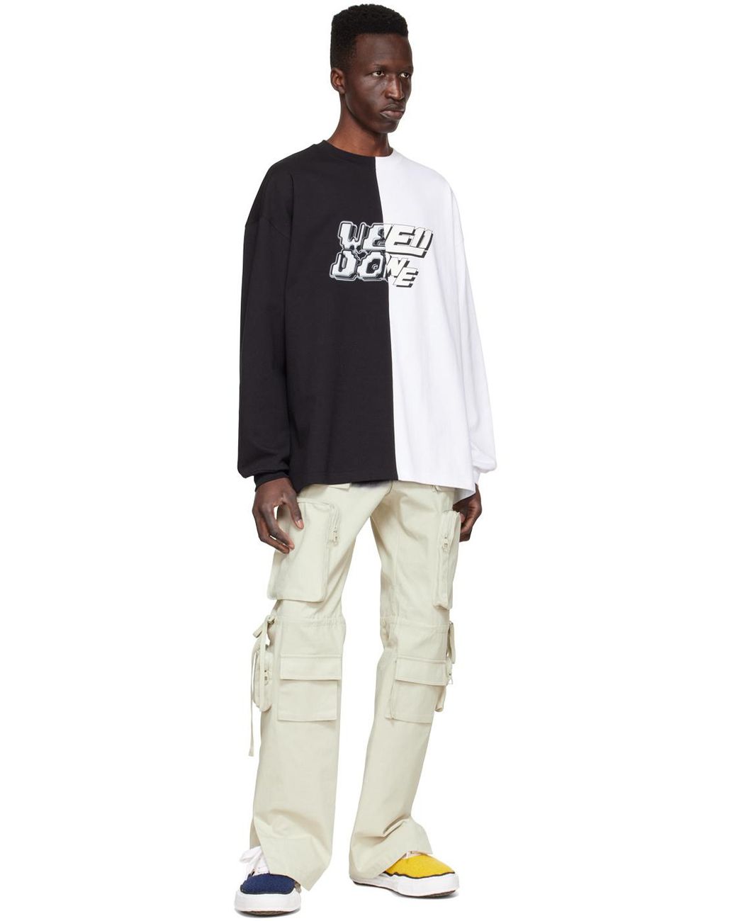 we11done Blue Crew Neck Color-Block Long-Sleeve T-Shirt for men