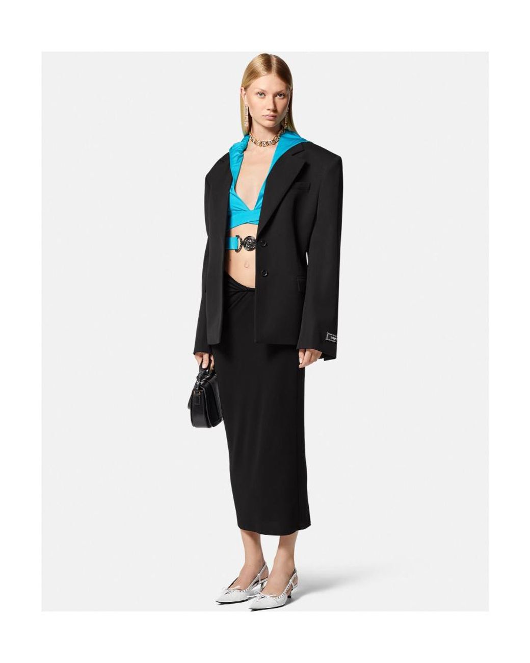 Versace Black Gathered-Detail Midi Skirt