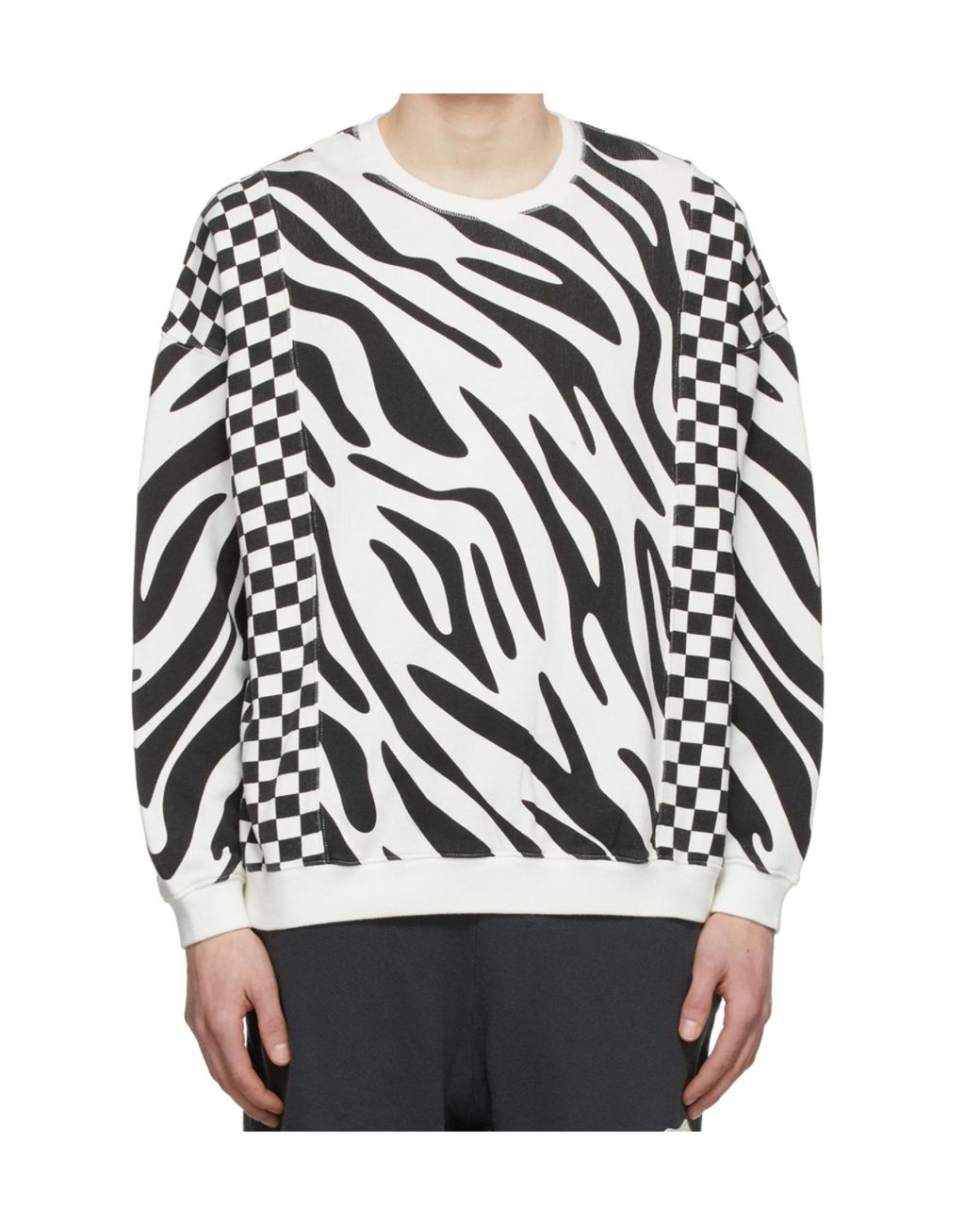 R13 White Tiger Stripe Checkerboard Pattern Sweatshirt