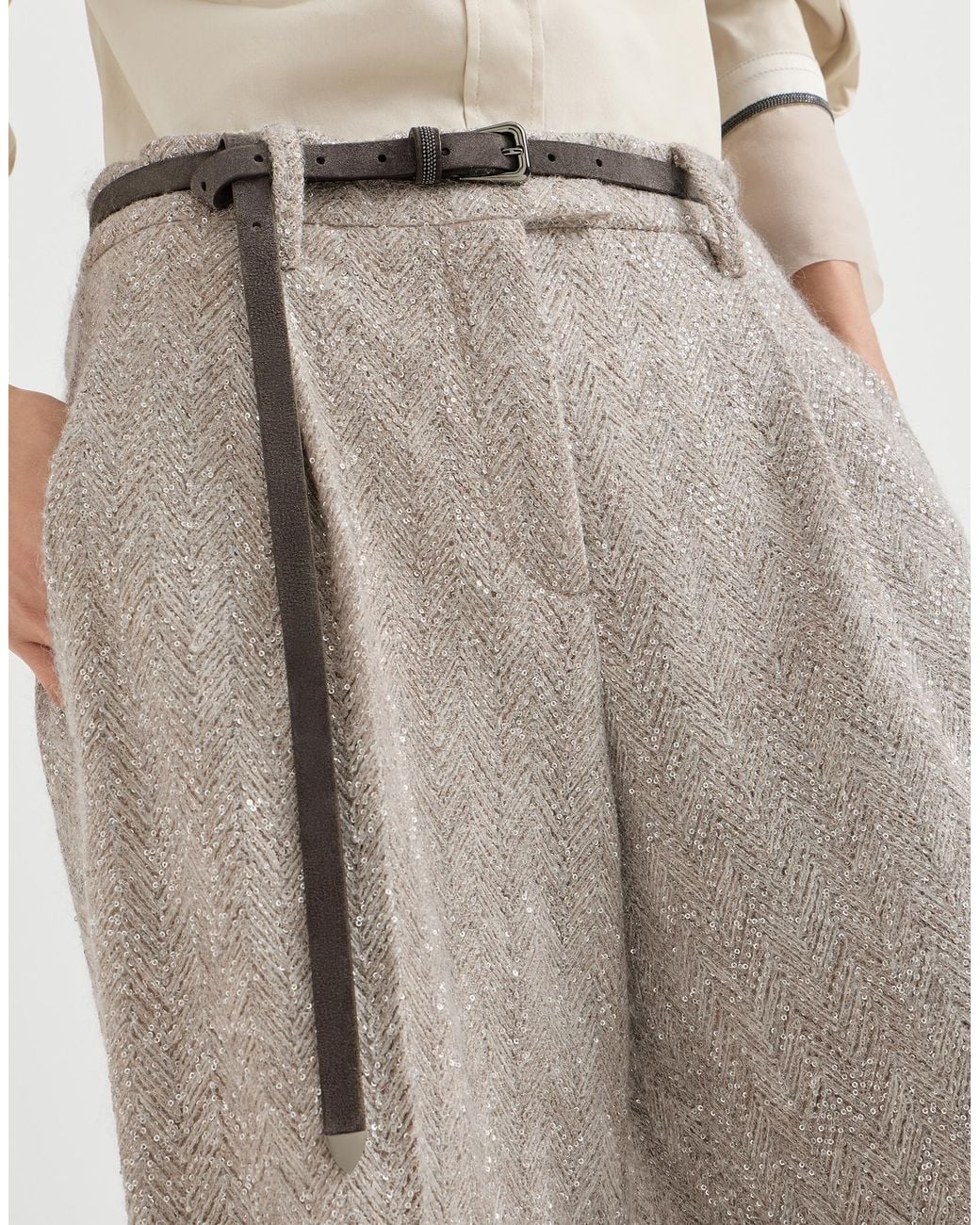 Brunello Cucinelli Gray Dazzling Chevron Embroidery Loose Pleated Trousers