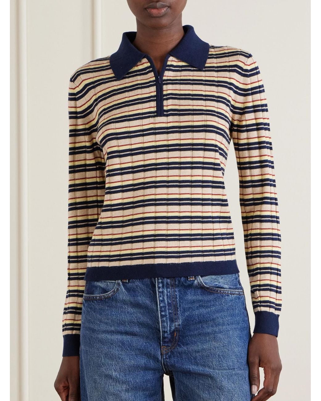 Guest In Residence Blue Striped Silk And Linen-Blend Polo Shirt