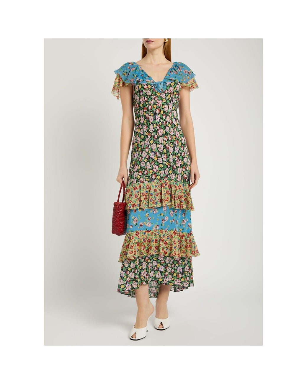 Rixo Blue Floral Silk Maxi Dress