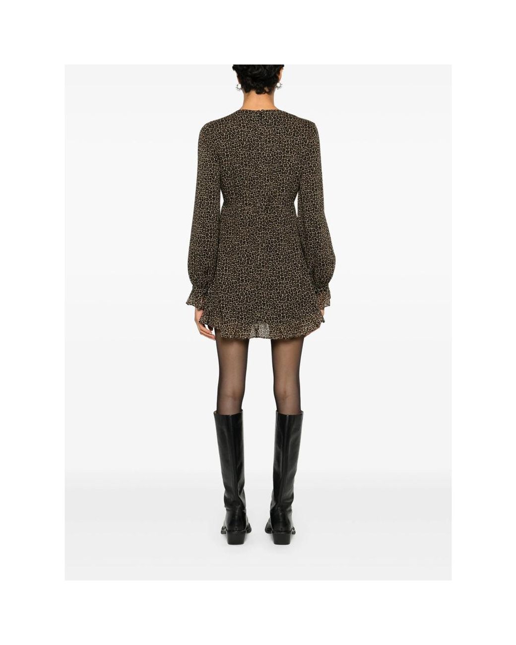 Saint Laurent Black Leopard Printed Long-Sleeved Dress