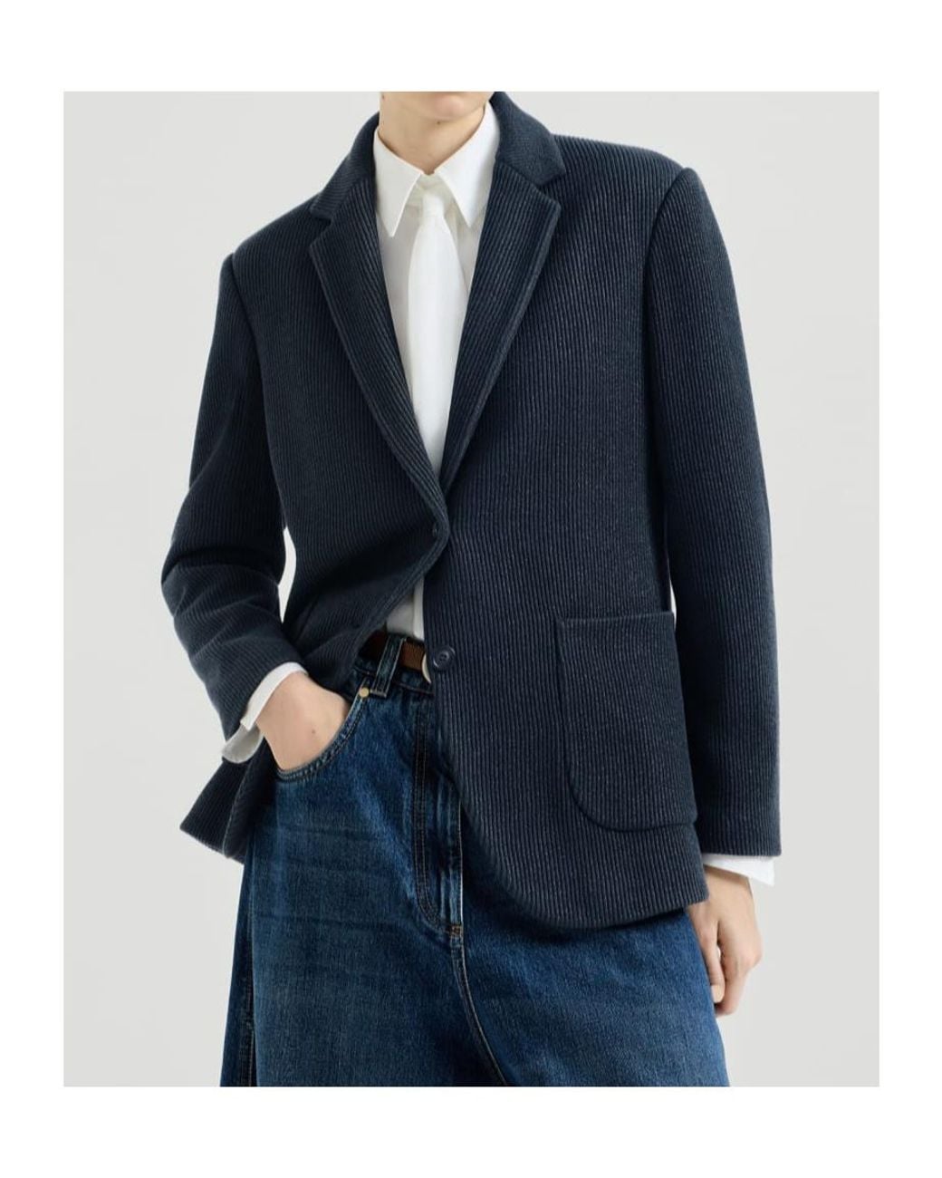 Brunello Cucinelli Blue Sparkling Cotton And Viscose English Rib Knit Blazer With Monili