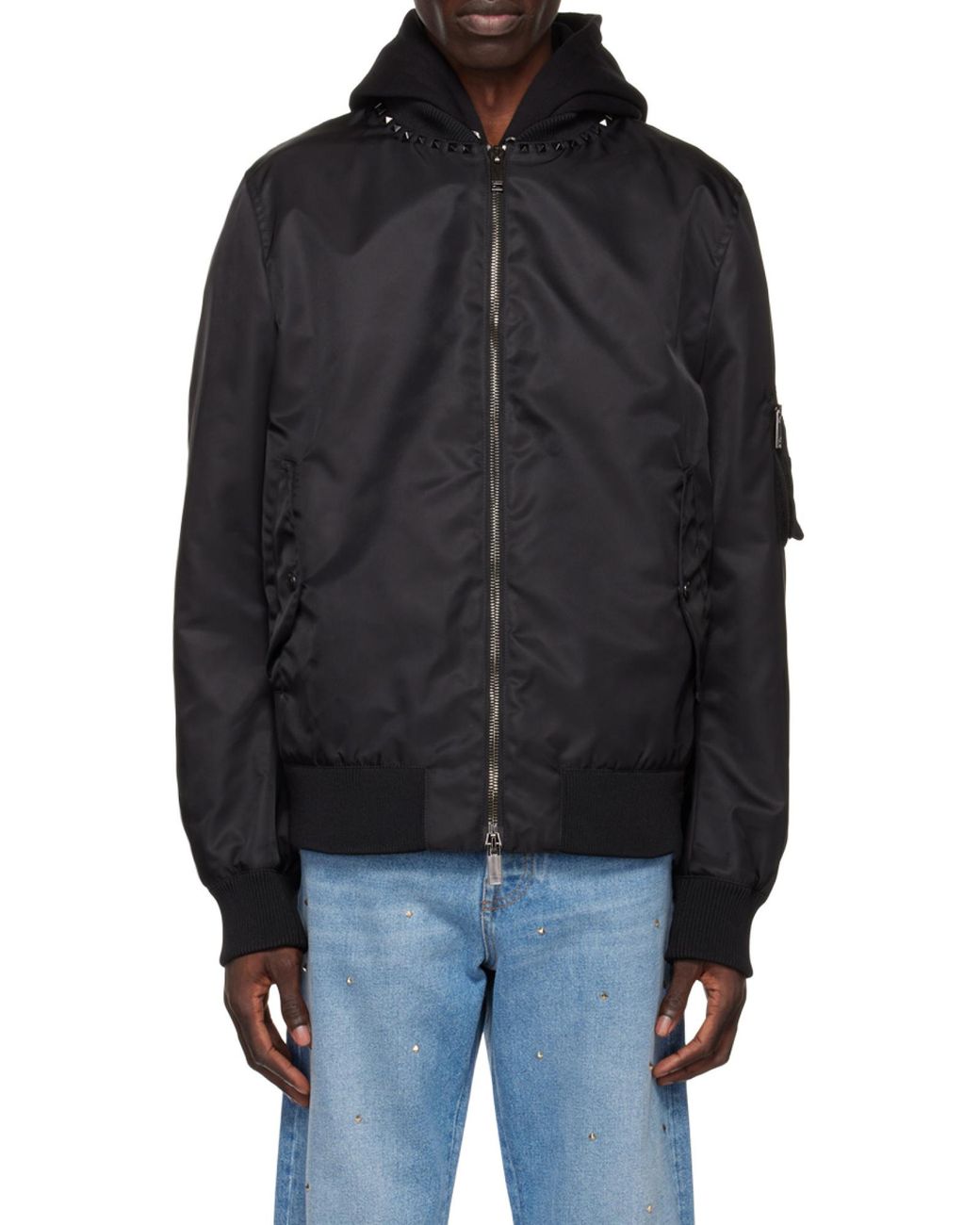 Valentino Black Stud Detailed Zip-Up Bomber Jacket for men