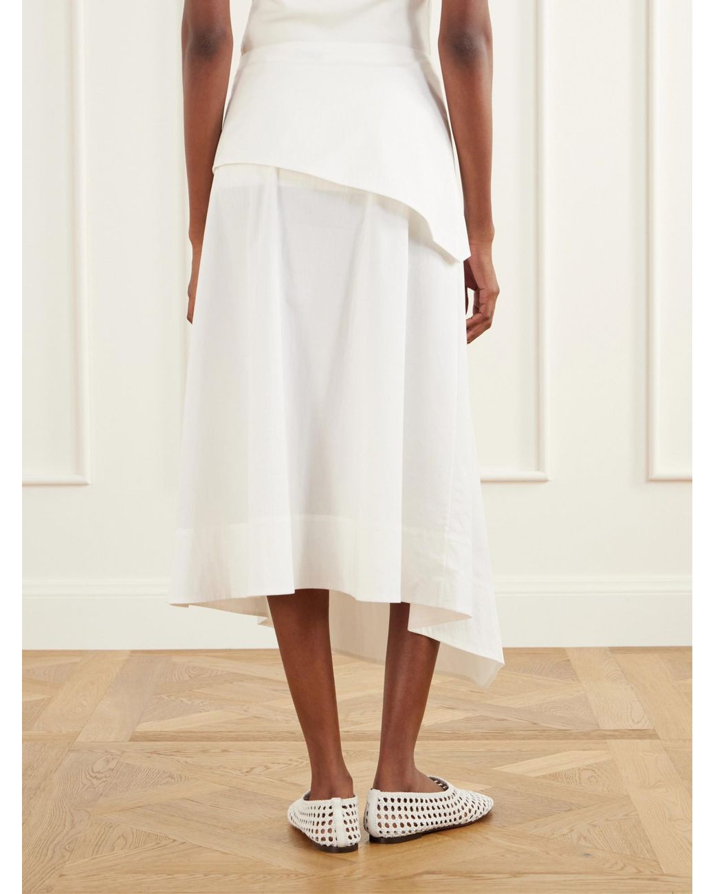 St. Agni White Belted Asymmetric Cotton-Blend Poplin Midi Skirt