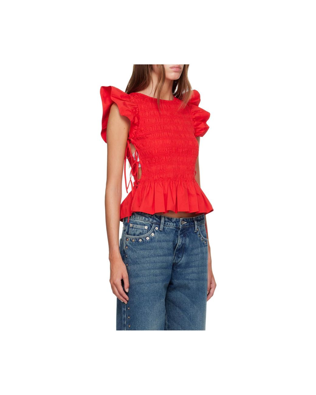 Ganni Red Smocked Peplum Tops
