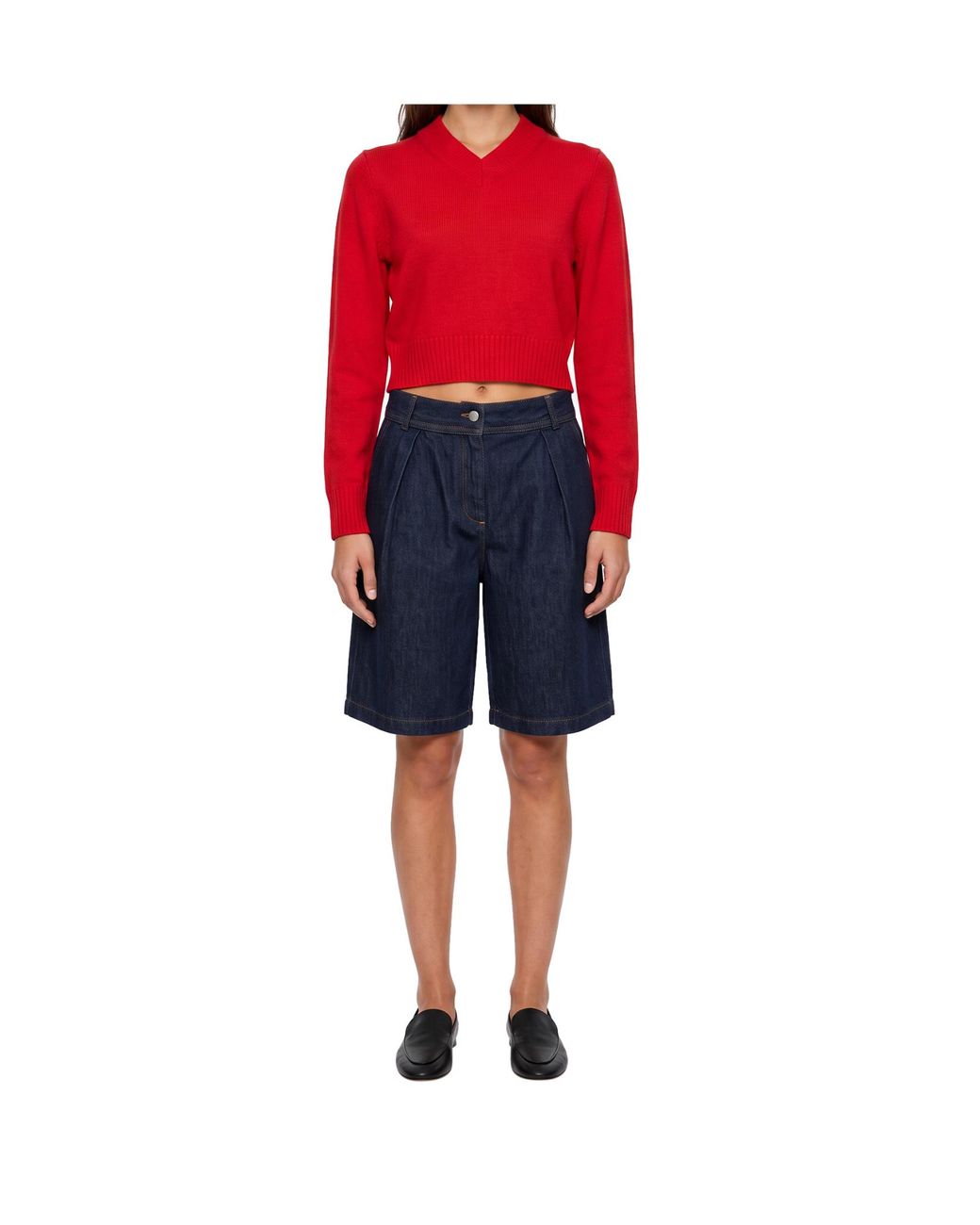 Soeur Red V-Neck Cropped Knit Sweater