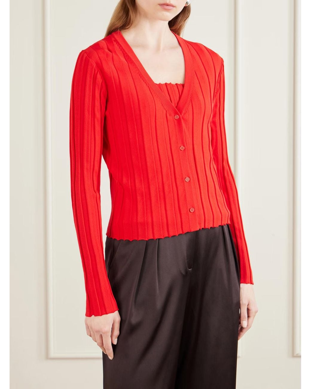 Staud Red Ezra Ribbed Knit Cardigan
