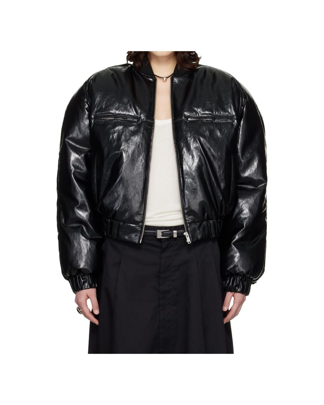 Lu'u Dan Black Long-Sleeved Faux Leather Bomber Jacket for men