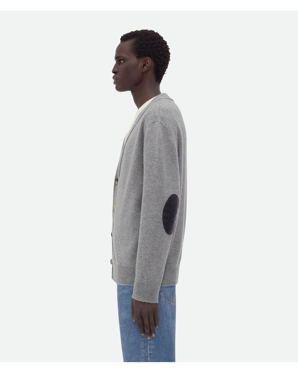 Bottega Veneta Gray Intrecciato Leather Patch Embellished Cardigan for men