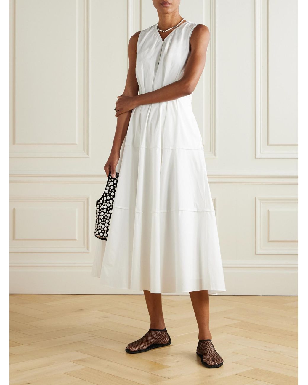 Proenza Schouler White Pleated V-Neck Waist-Cinching Dress