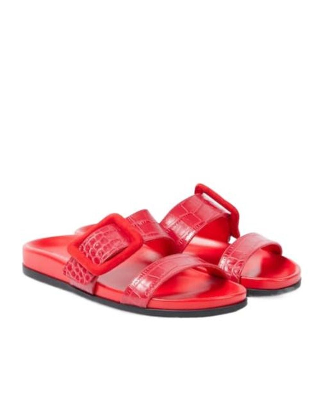Manolo Blahnik Red Mayfu Croc-Effect Leather Sandals