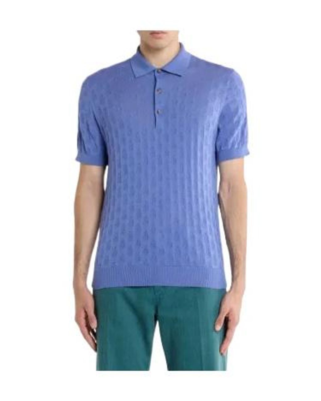 Etro Blue Knit Cotton Polo Shirt With Micro Paisley Motif for men