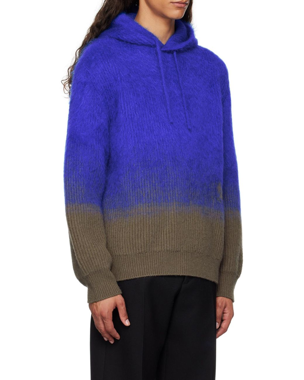 Burberry Blue Two-Toned Logo Intarsia-Knit Hooded Jumper for men