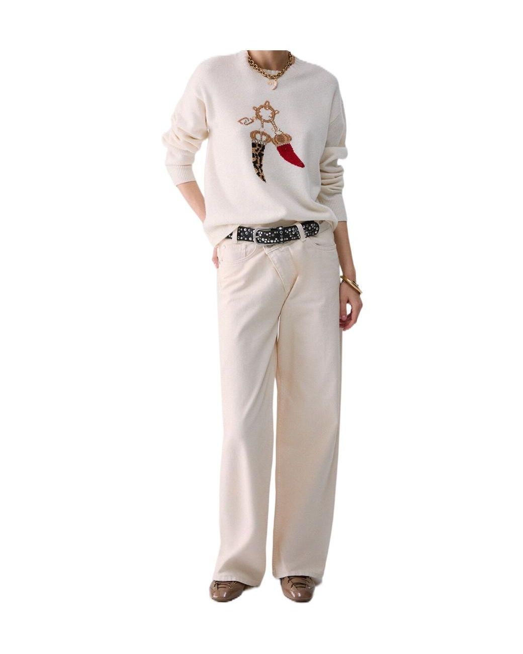 Liu Jo White Embellished Crewneck Knitted Sweater