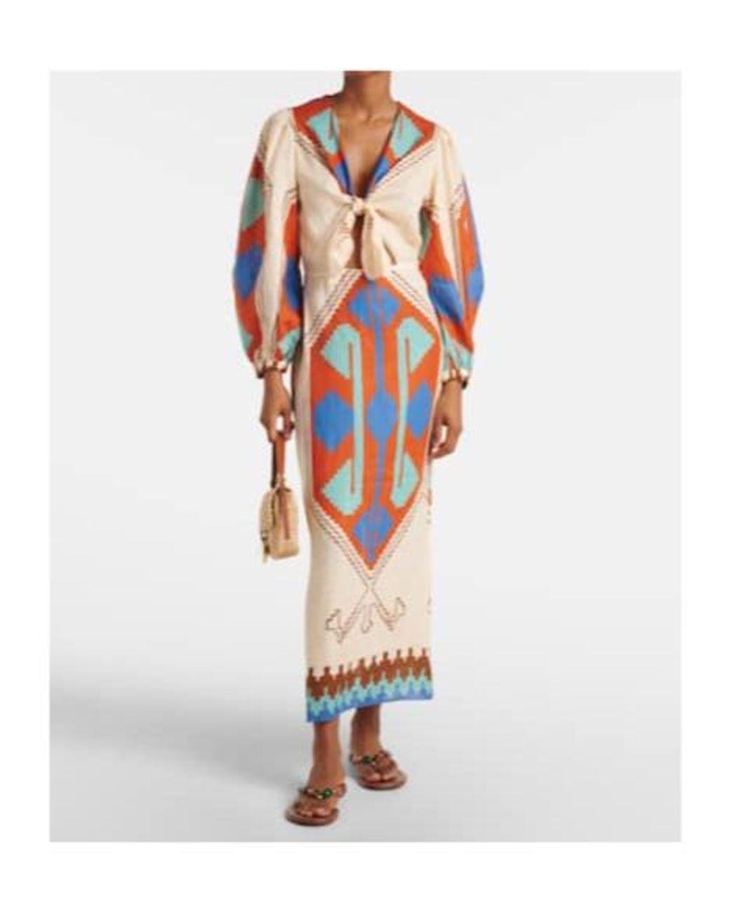 Johanna Ortiz Orange Printed Tie-Detail Linen Midi Dress