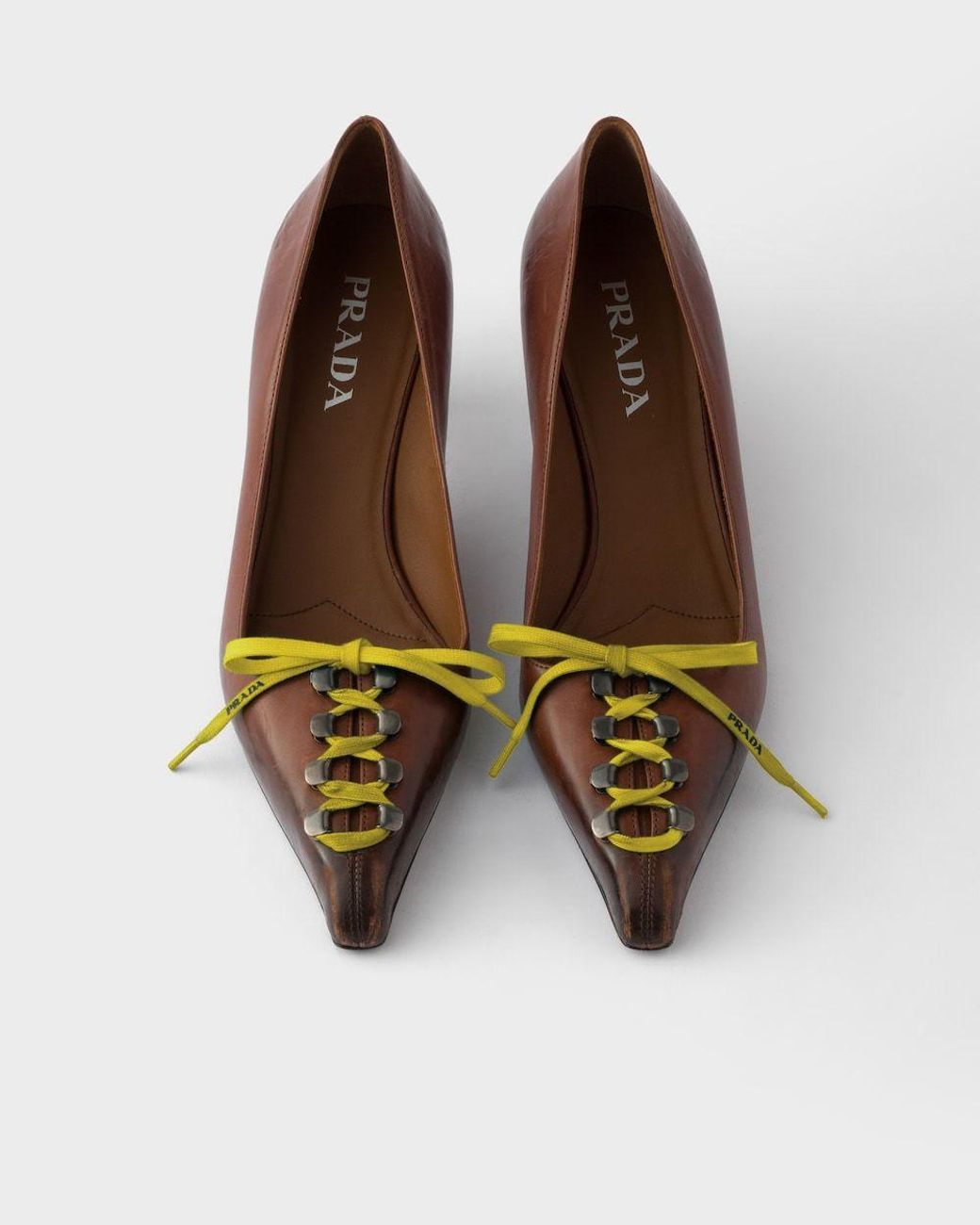 Prada Brown Lace-Up Kitten Heeled Pumps