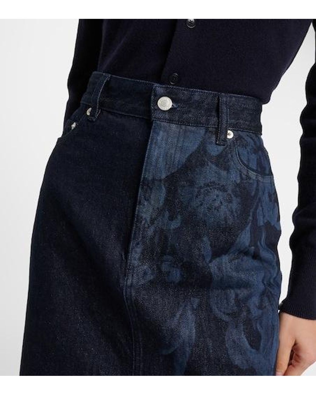 Erdem Blue Floral Flared Denim Midi Skirt