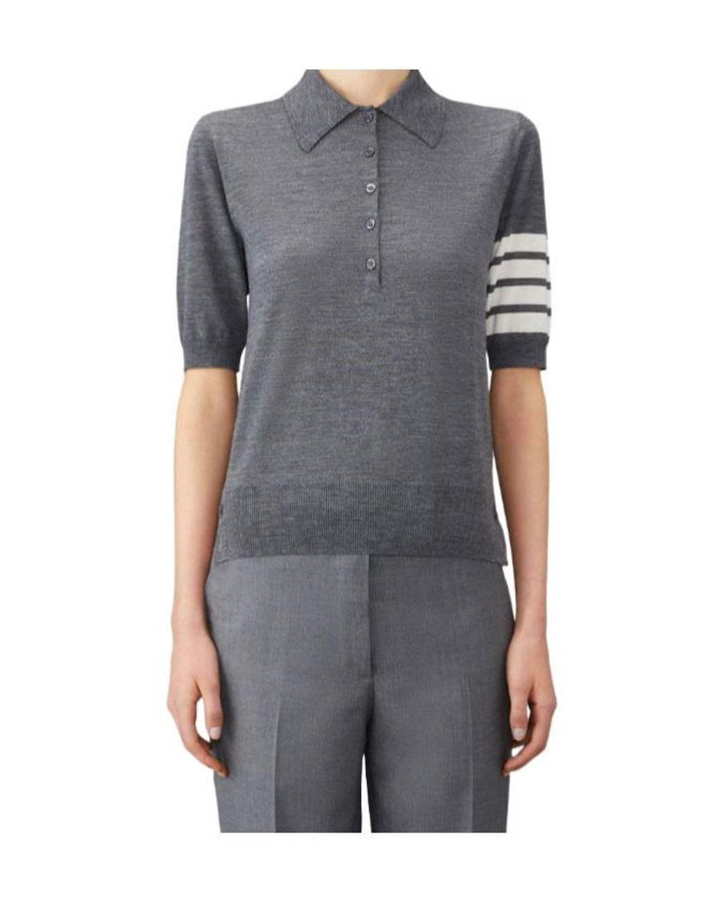 Thom Browne Gray 4-Bar Button Detailed Short-Sleeved Polo Shirt