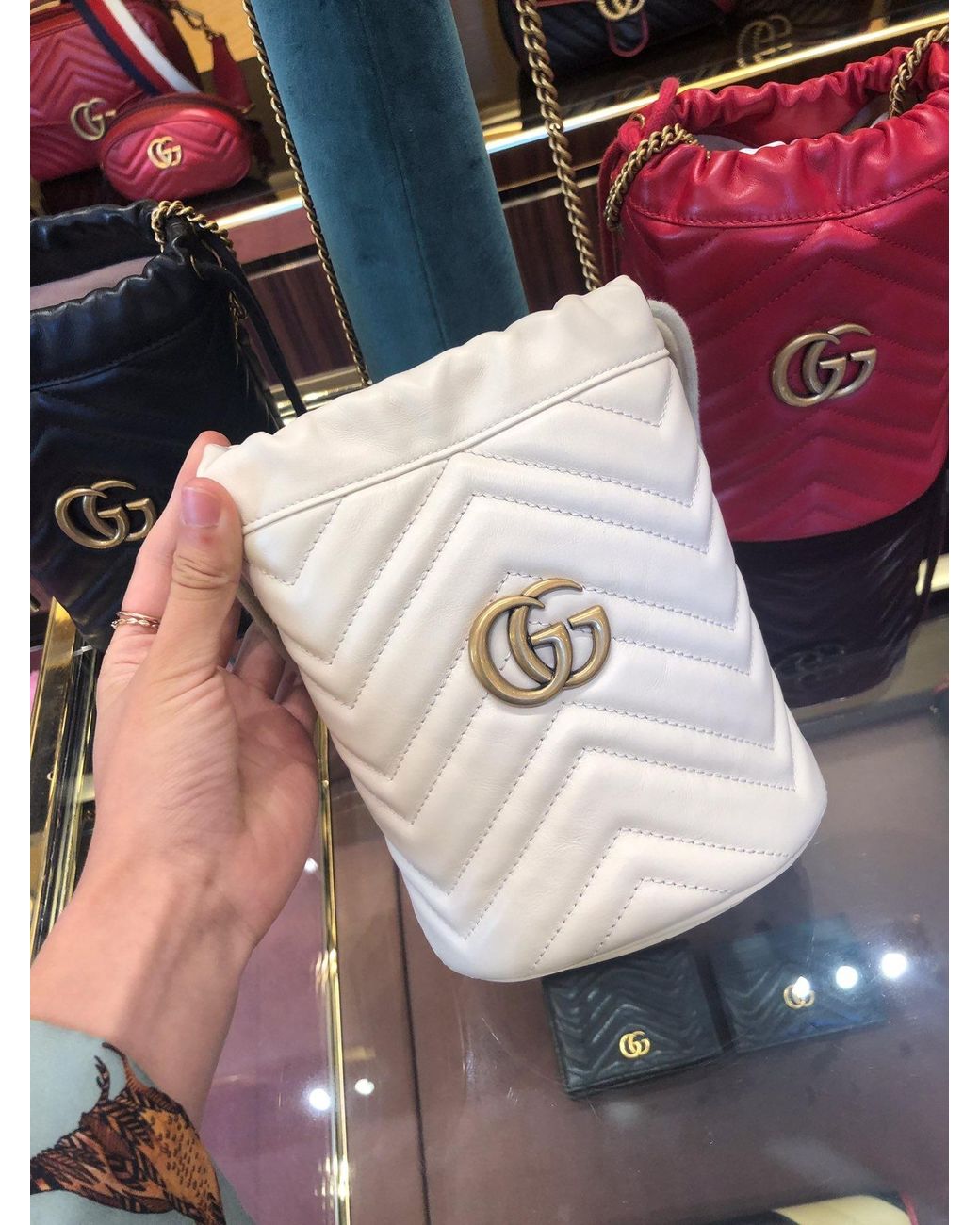 Gucci White Gg Marmont Mini Quilted Bucket Bag
