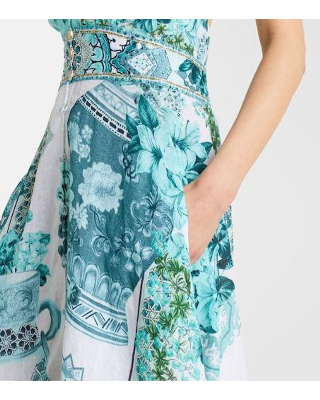 Camilla Blue Embellished Ruffled Halterneck Linen Midi Dress