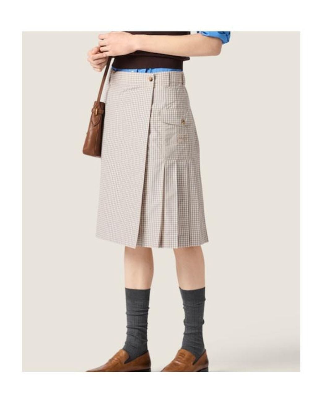 Miu Miu Natural Checked Pleated Midi Skirt