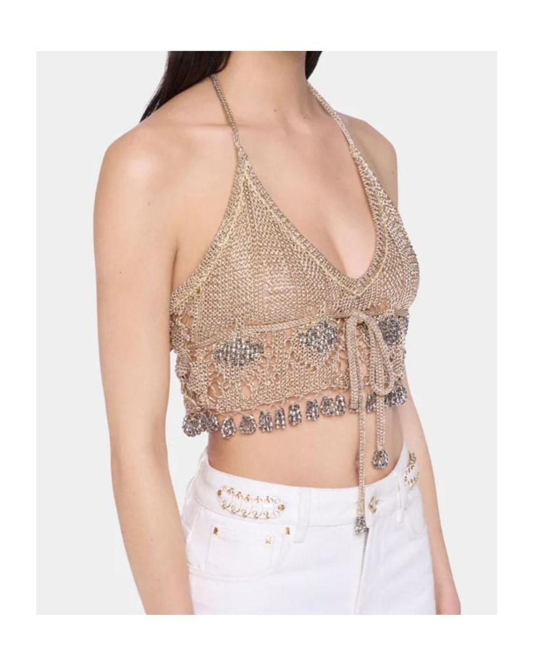 Rabanne White Halterneck Embellished Crochet Top